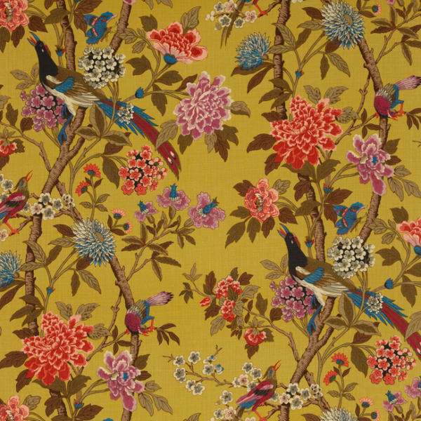 G P & J BAKER EAST TO WEST HYDRANGEA BIRD - MUSTARD/MAUVE upholstery fabric swatch for sample-first furniture planning