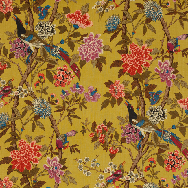 G P & J BAKER EAST TO WEST HYDRANGEA BIRD - MUSTARD/MAUVE R1355.1.0