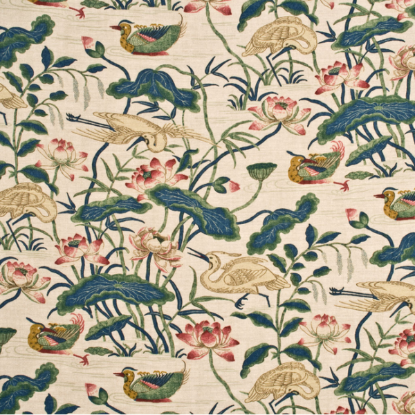 G P & J BAKER EMPEROR'S GARDEN HERON & LOTUS FLOWER - INDIGO/PINK upholstery fabric swatch for sample-first furniture planning