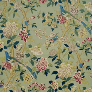 G P & J Baker Hydrangea Bird - Aqua/rose upholstery fabric swatch