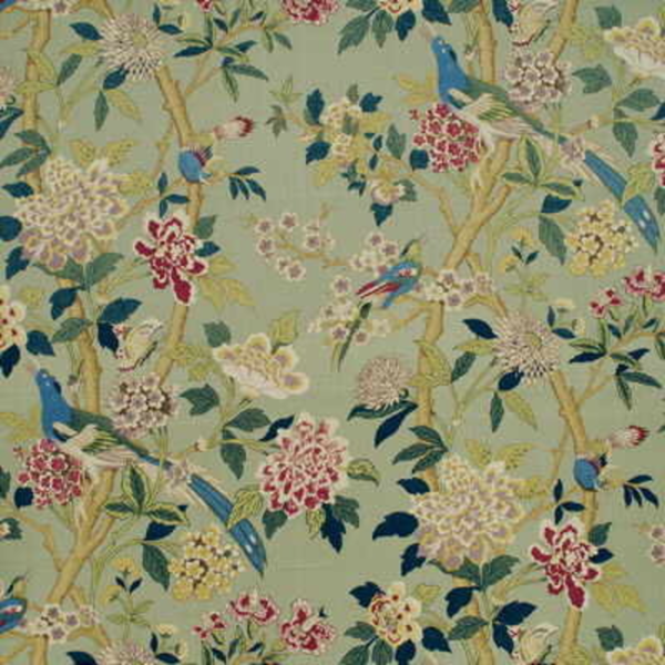 G P & J BAKER HYDRANGEA BIRD - AQUA/ROSE upholstery fabric swatch for sample-first furniture planning
