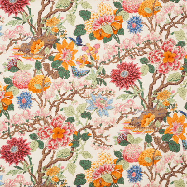 G P & J BAKER MAGNOLIA - CREAM/BLUE upholstery fabric swatch for sample-first furniture planning