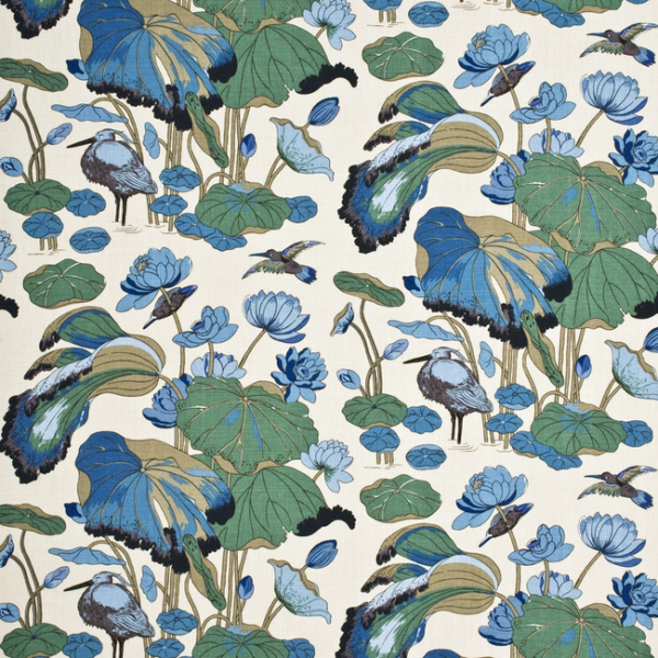 G P & J BAKER NYMPHEUS - LINEN - AQUA/TEAL upholstery fabric swatch for sample-first furniture planning