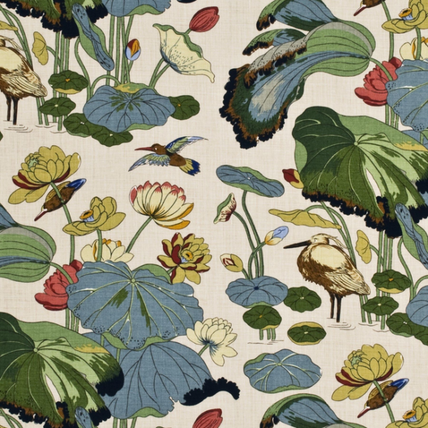 G P & J BAKER NYMPHEUS - LINEN - STONE/PISTACHIO upholstery fabric swatch for sample-first furniture planning