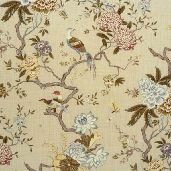 G P & J BAKER ORIENTAL BIRD - OLIVE/STONE upholstery fabric swatch for sample-first furniture planning