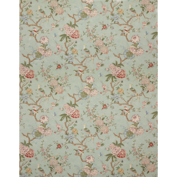 G P & J BAKER ORIENTAL BIRD SIGNATURE - EAU DE NIL upholstery fabric swatch for sample-first furniture planning