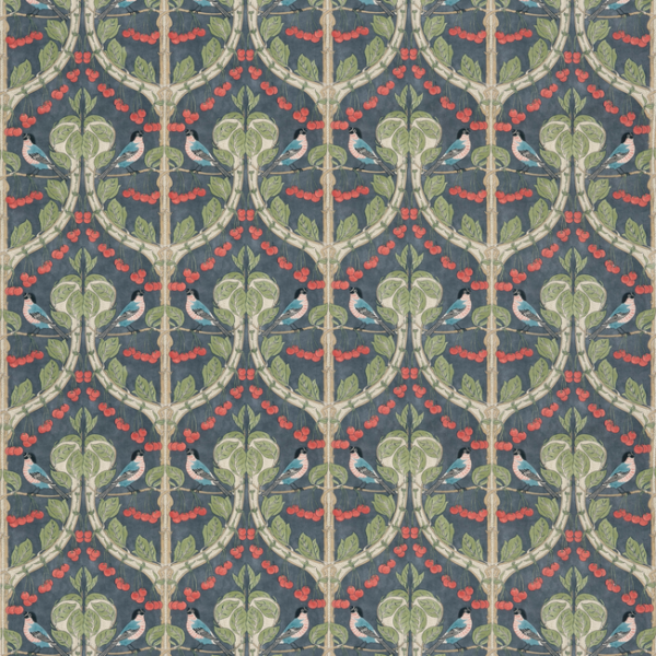 G P & J BAKER ORIGINAL BRANTWOOD FABRIC BIRDS & CHERRIES COTTON - INDIGO upholstery fabric swatch for sample-first furniture planning