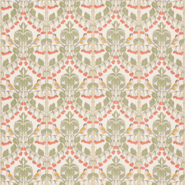 G P & J BAKER ORIGINAL BRANTWOOD FABRIC BIRDS & CHERRIES COTTON - RED/GREEN upholstery fabric swatch for sample-first furniture planning