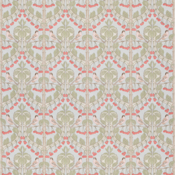 G P & J BAKER ORIGINAL BRANTWOOD FABRIC BIRDS & CHERRIES COTTON - SOFT BLUE upholstery fabric swatch for sample-first furniture planning