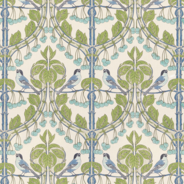 G P & J BAKER ORIGINAL BRANTWOOD FABRIC BIRDS & CHERRIES - GREEN/BLUE upholstery fabric swatch for sample-first furniture planning
