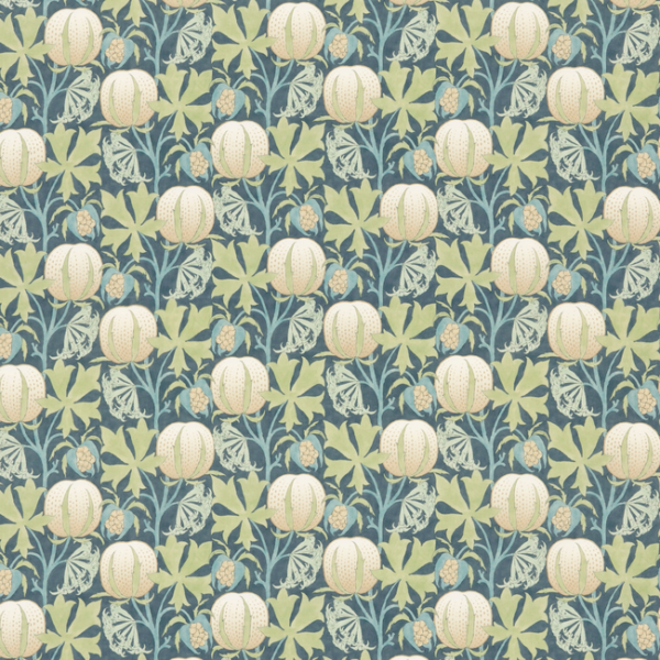 G P & J BAKER ORIGINAL BRANTWOOD FABRIC PUMPKINS COTTON - GREEN/BLUE upholstery fabric swatch for sample-first furniture planning