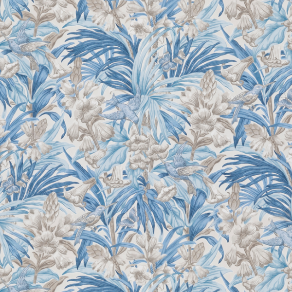 G P & J BAKER ORIGINAL BRANTWOOD FABRIC TRUMPET FLOWERS COTTON - BLUE upholstery fabric swatch for sample-first furniture planning