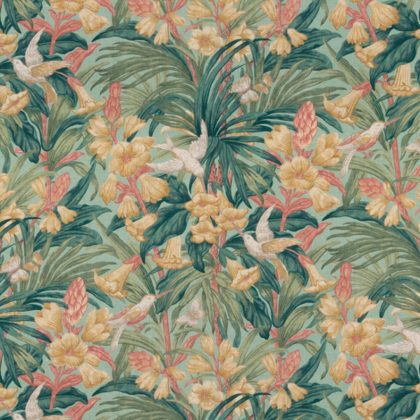 G P & J BAKER ORIGINAL BRANTWOOD FABRIC TRUMPET FLOWERS - TEAL upholstery fabric swatch for sample-first furniture planning