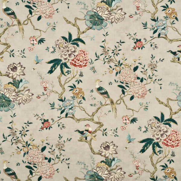 G P & J BAKER ORIGINALS ORIENTAL BIRD - ROSE/GREY upholstery fabric swatch for sample-first furniture planning