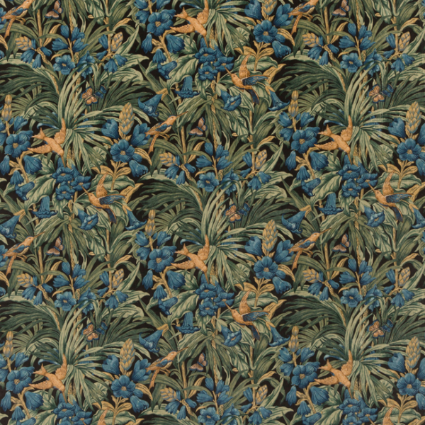 G P & J BAKER ORIGINALS V TRUMPET FLOWERS VELVET - DARK INDIGO/TEAL upholstery fabric swatch for sample-first furniture planning