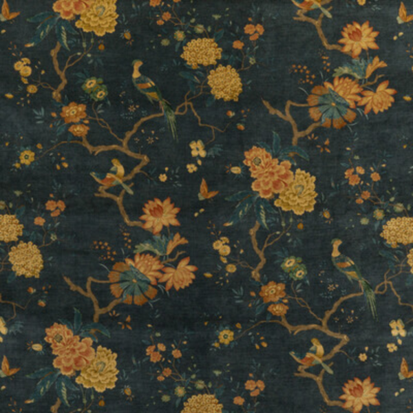 G P & J BAKER SIGNATURE VELVETS ORIENTAL BIRD VELVET - TEAL upholstery fabric swatch for sample-first furniture planning