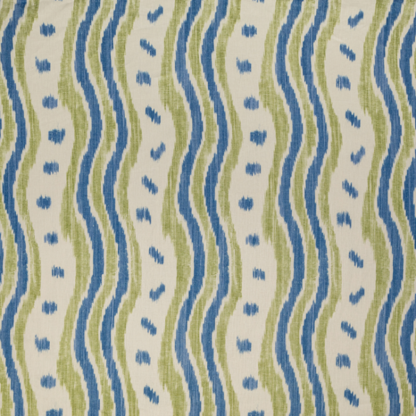 LEE JOFA BLITHFIELD IKAT STRIPE - BLUE/LIME upholstery fabric swatch for sample-first furniture planning