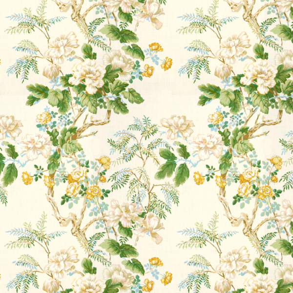 LEE JOFA CHINESE PEONY - GOLD upholstery fabric swatch for sample-first furniture planning