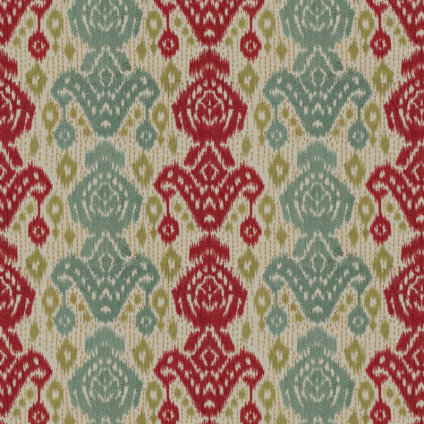 LEE JOFA OSCAR DE LA RENTA III GRAND TARTAR - JADE/RED upholstery fabric swatch for sample-first furniture planning