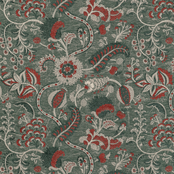 LEE JOFA OSCAR DE LA RENTA IV JARDIN BLEU - TEAL/RED upholstery fabric swatch for sample-first furniture planning