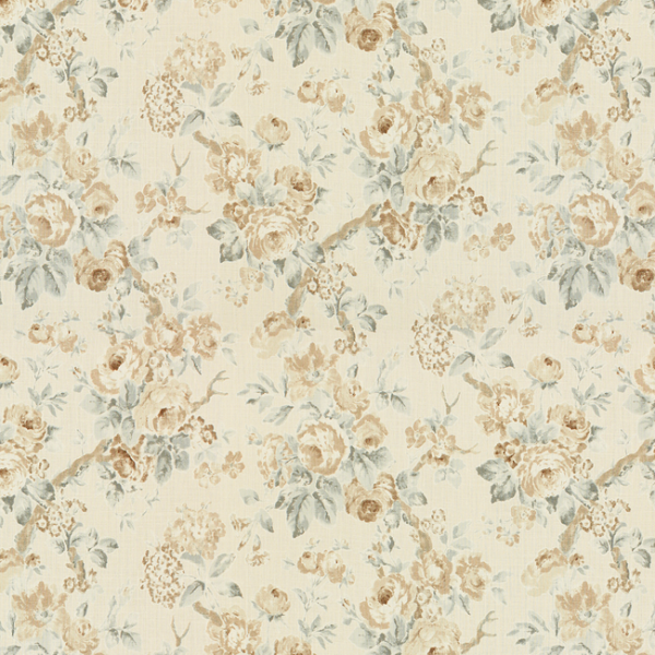 LEE JOFA SUZANNE RHEINSTEIN HOLLYHOCK II GARDEN ROSES - BEIGE/AQUA upholstery fabric swatch for sample-first furniture planning