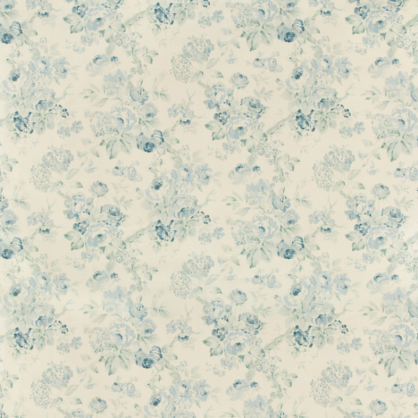 LEE JOFA SUZANNE RHEINSTEIN III GARDEN ROSES - AQUA/BLUE upholstery fabric swatch for sample-first furniture planning
