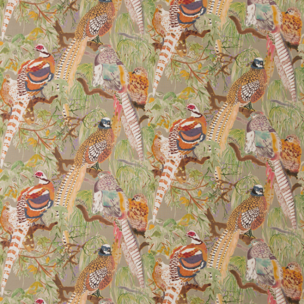 MULBERRY BOHEMIAN ROMANCE GAME BIRDS LINEN - STONE/MULTI upholstery fabric swatch for sample-first furniture planning