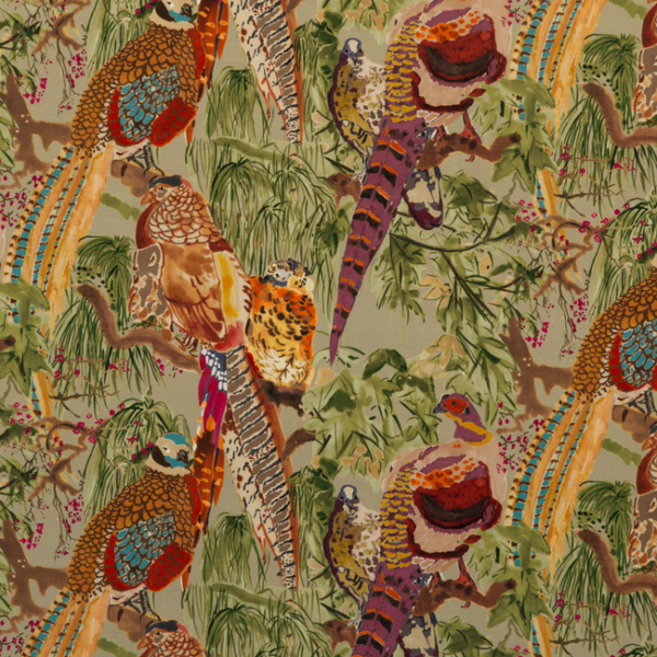 MULBERRY BOHEMIAN ROMANCE GAME BIRDS VELVET - FIG/MULTI upholstery fabric swatch for sample-first furniture planning