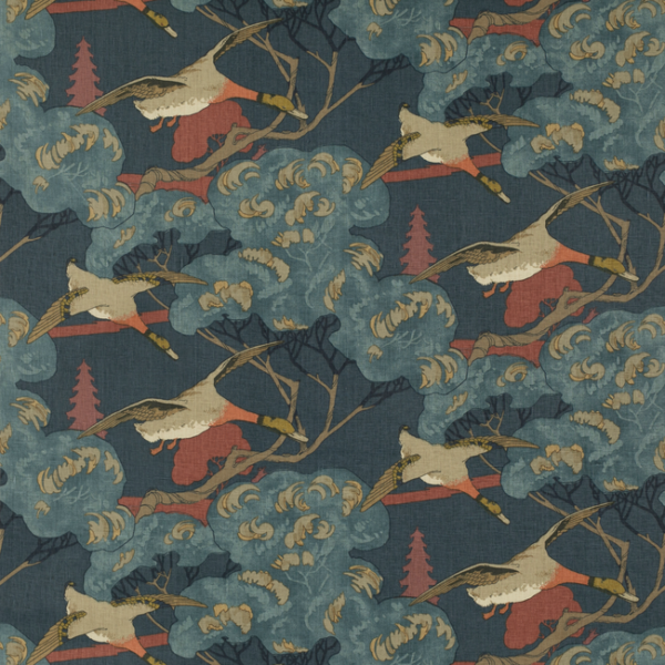 MULBERRY ICONS FABRICS FLYING DUCKS - RED/BLUE upholstery fabric swatch for sample-first furniture planning