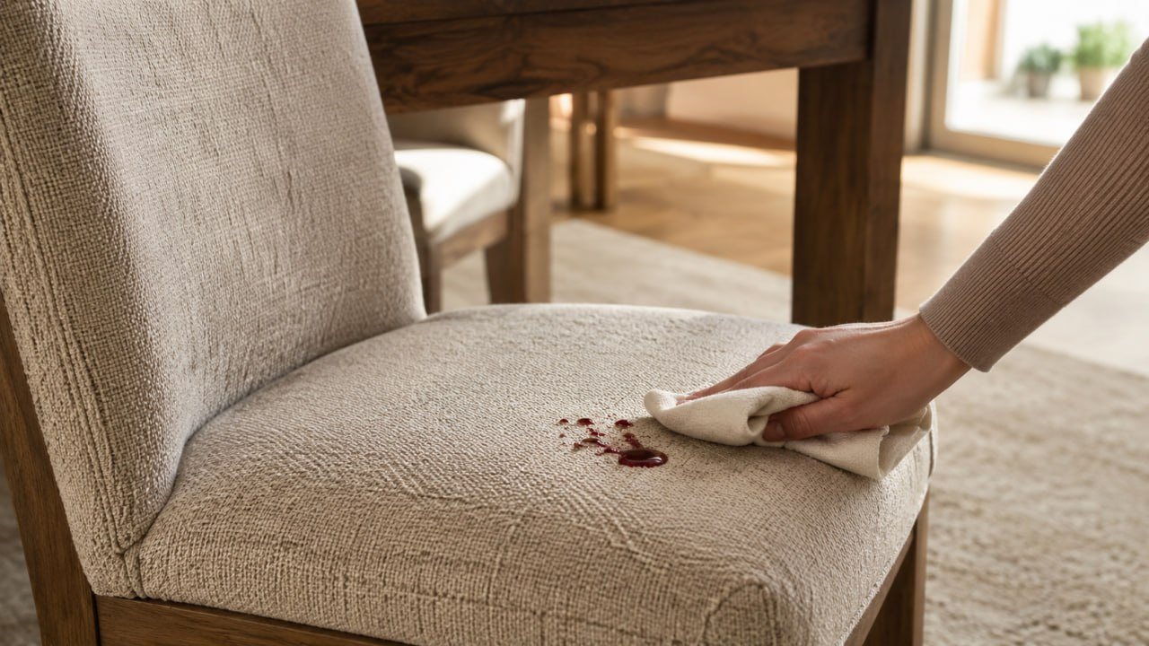 Easy-clean performance upholstery fabric on a dining chair being wiped after a small coffee spill