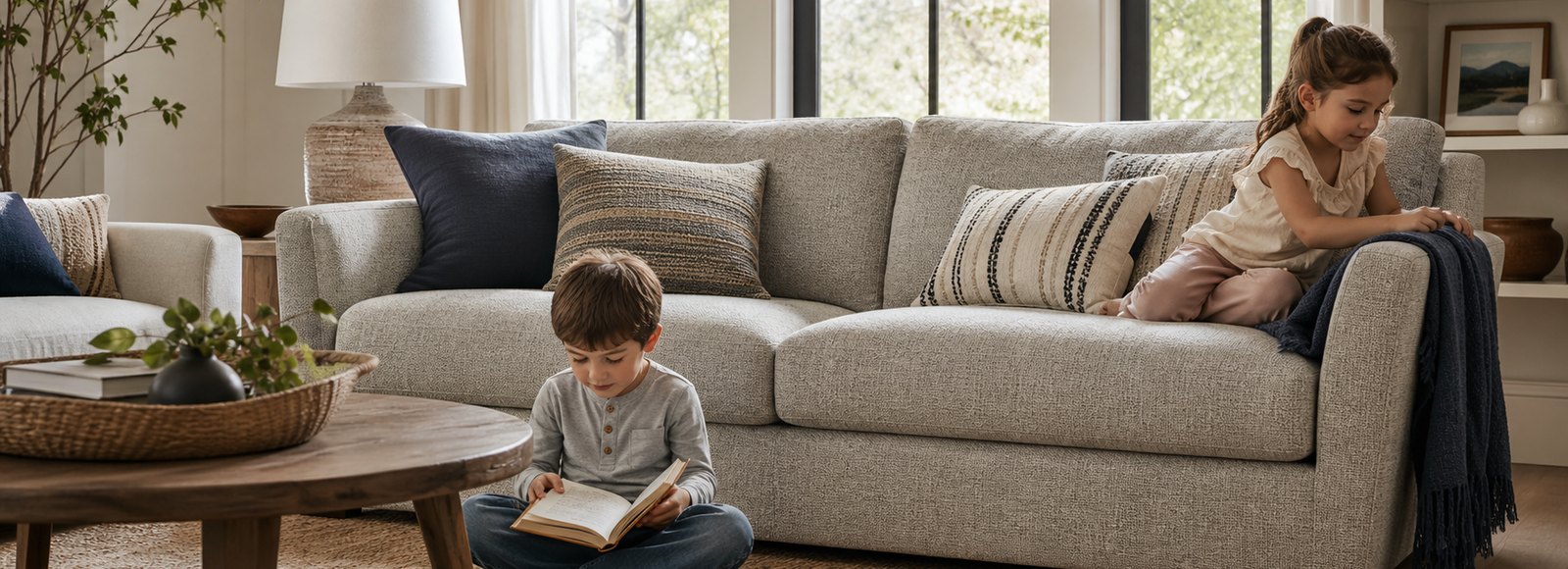 Family living room with children around a textured performance fabric sofa showing upholstery fabric in everyday home context