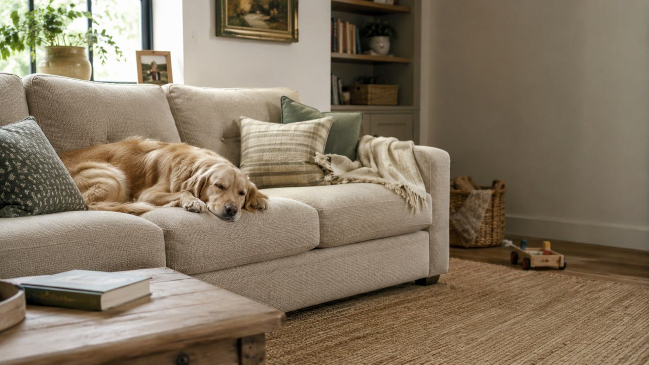 Woven performance upholstery fabric on a family room sofa with a dog throw pillows and everyday living details