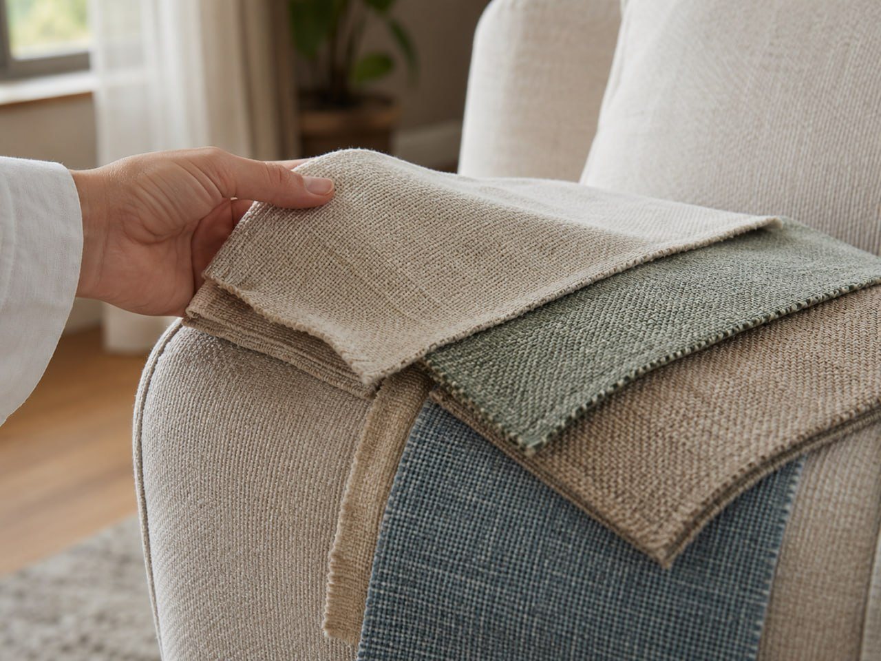 Performance upholstery fabric swatches compared on a sofa arm in natural light to check color texture and hand before yardage