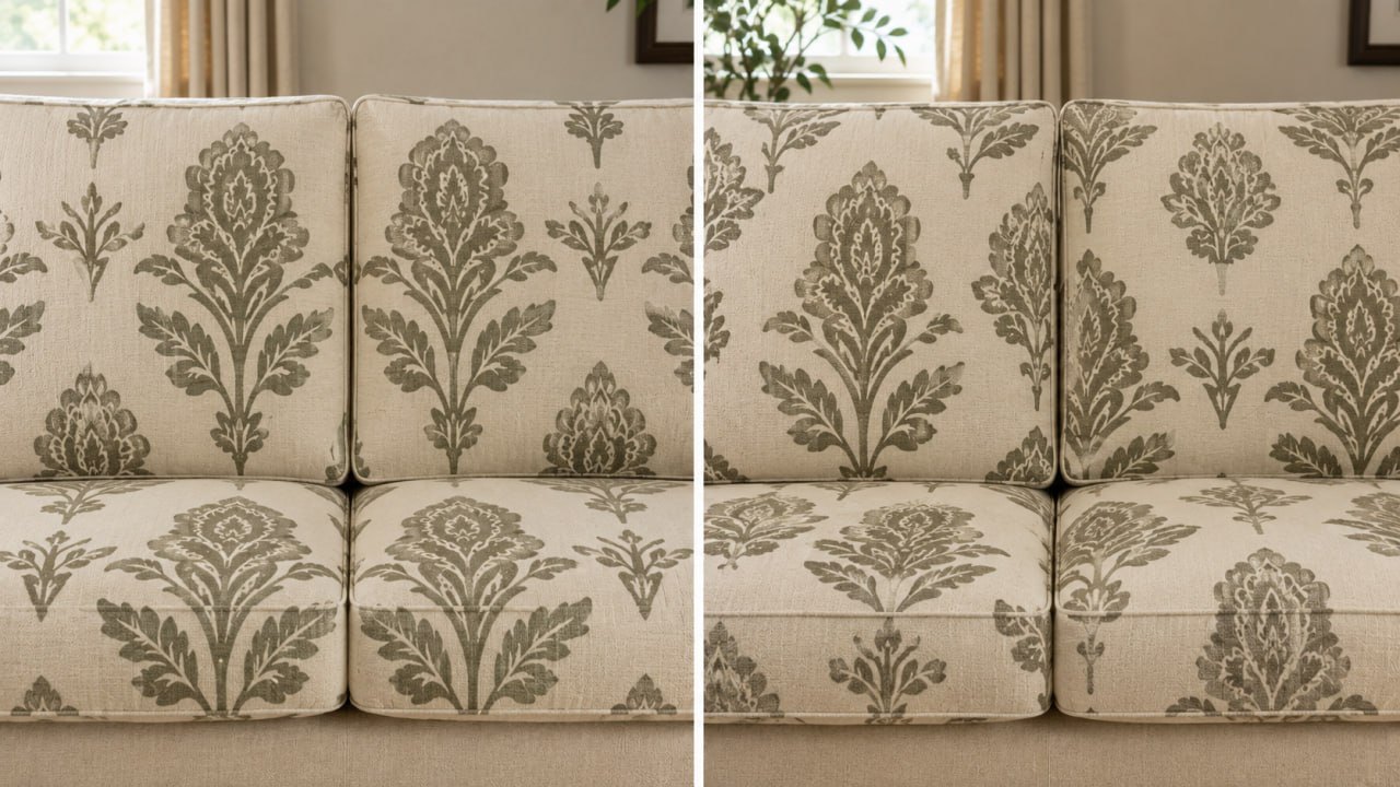 Matched versus mismatched patterned upholstery fabric across sofa cushions showing why pattern repeat can require extra yardage