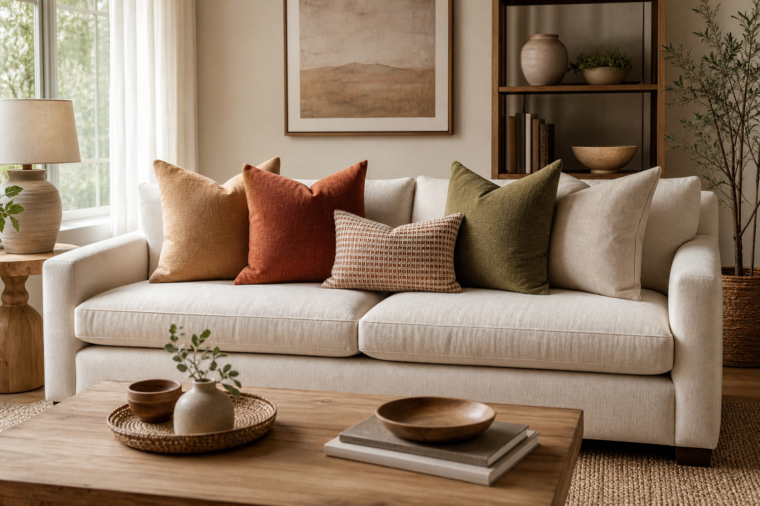 Finished decorative throw pillows on a neutral sofa for DIY pillow planning