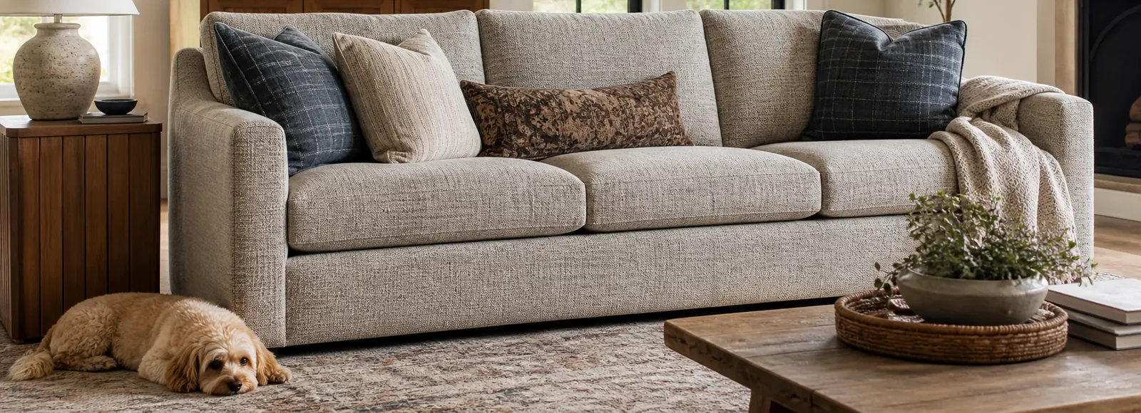 Furniture-first living room with a textured upholstered sofa and a small dog resting nearby.