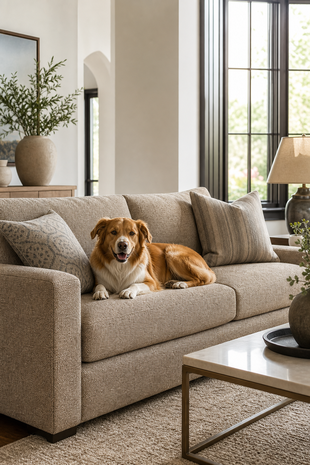 A dog relaxes on a textured sofa in a beautiful finished living room.