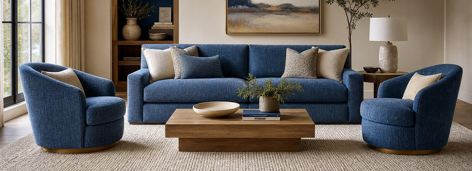Furniture-first living room with blue upholstered seating and visible fabric texture.