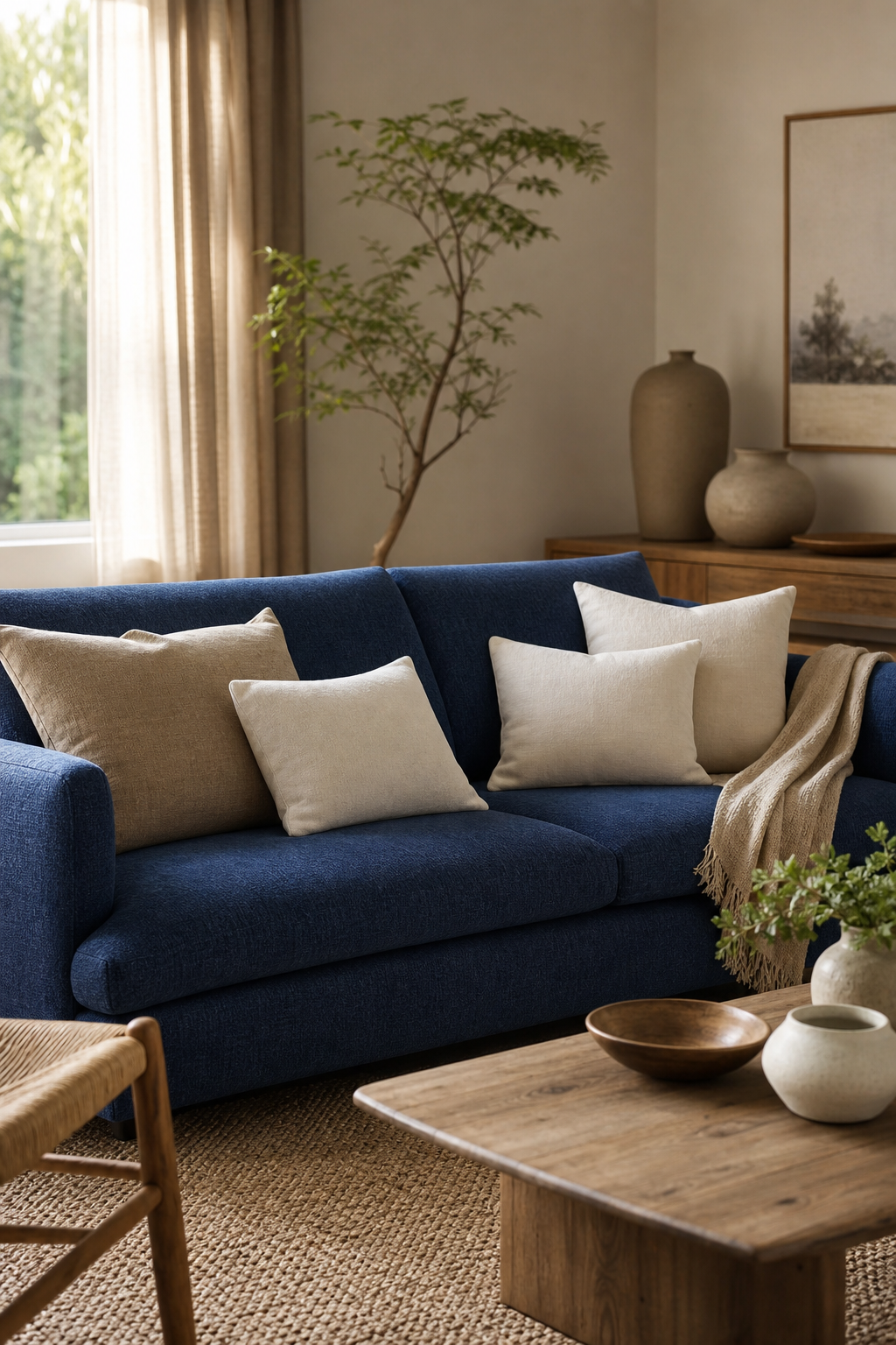 A calm finished interior with blue upholstered seating in natural light.