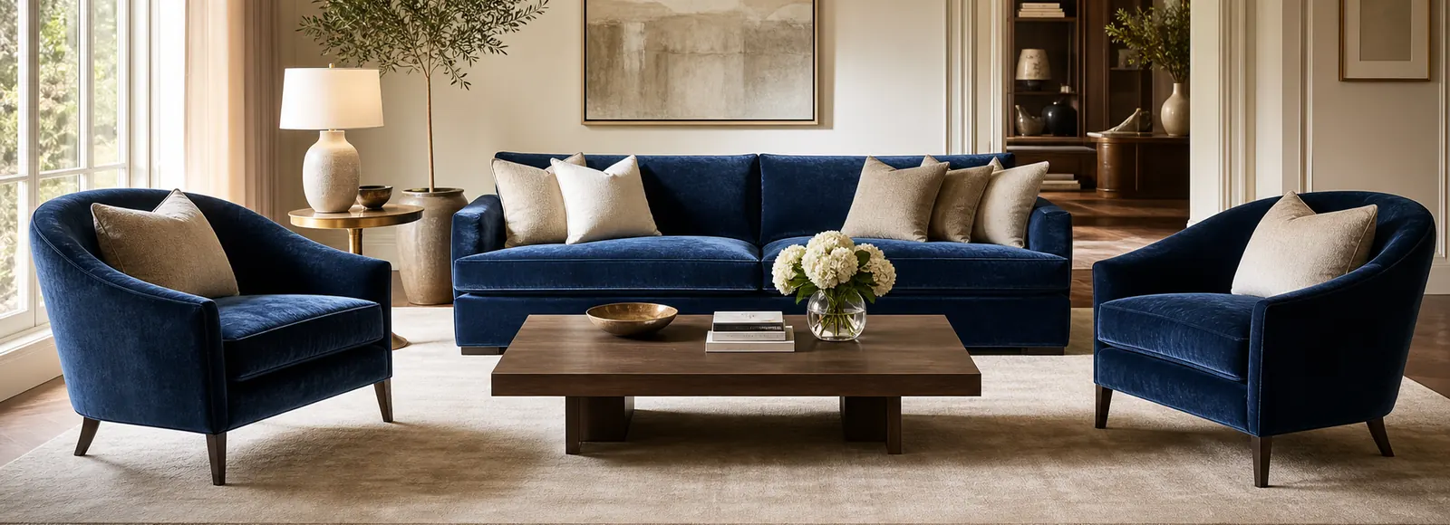 Sophisticated room with blue velvet upholstered seating and visible velvet texture.