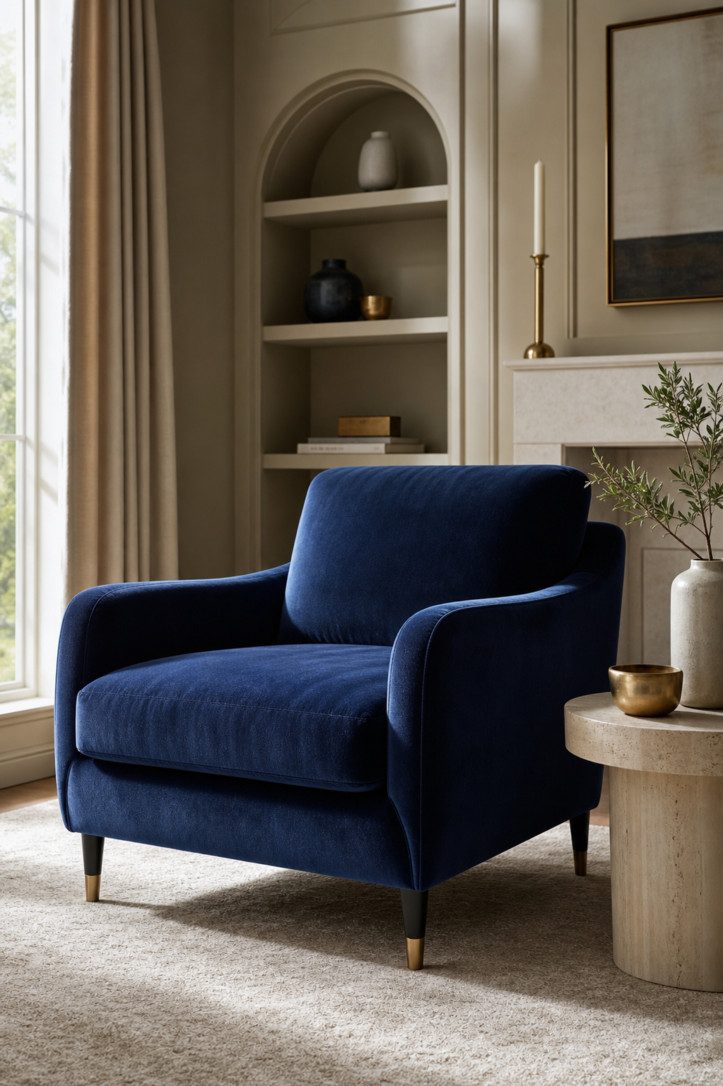A finished interior with blue velvet seating showing pile and sheen.