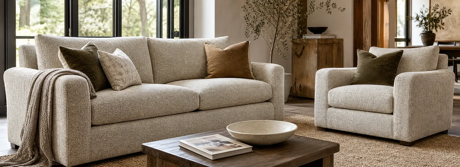 Furniture-first family room with textured upholstery on a sofa and chair.
