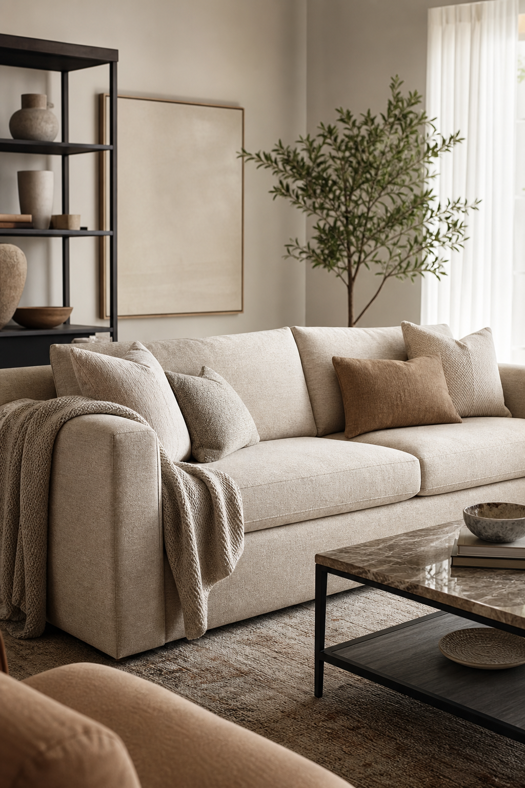 A finished living room with textured Crypton-style upholstery fabric on a sofa.