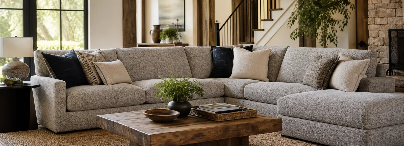 Furniture-first family room with a textured sectional sofa and practical upholstery context.