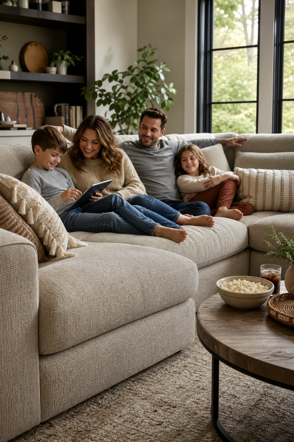 A finished family room with a textured sectional sofa for everyday lounging.