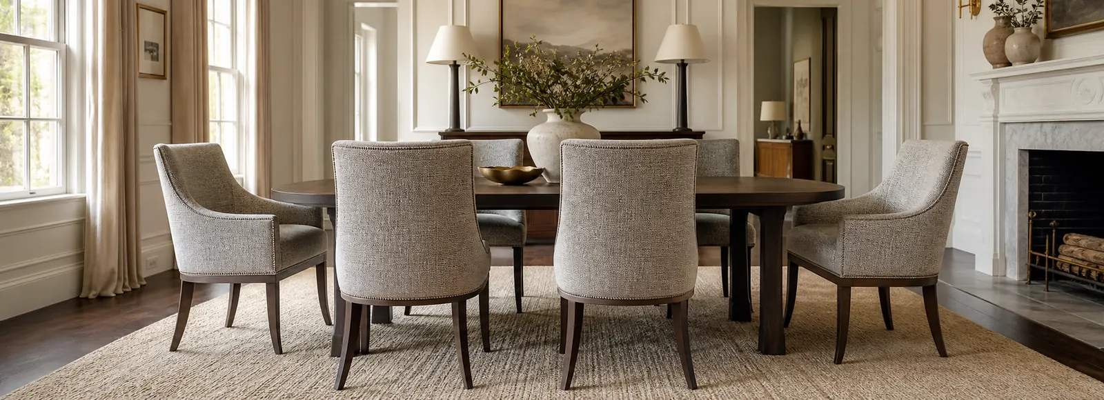 Dining room with upholstered chairs showing fabric texture and tailored scale.