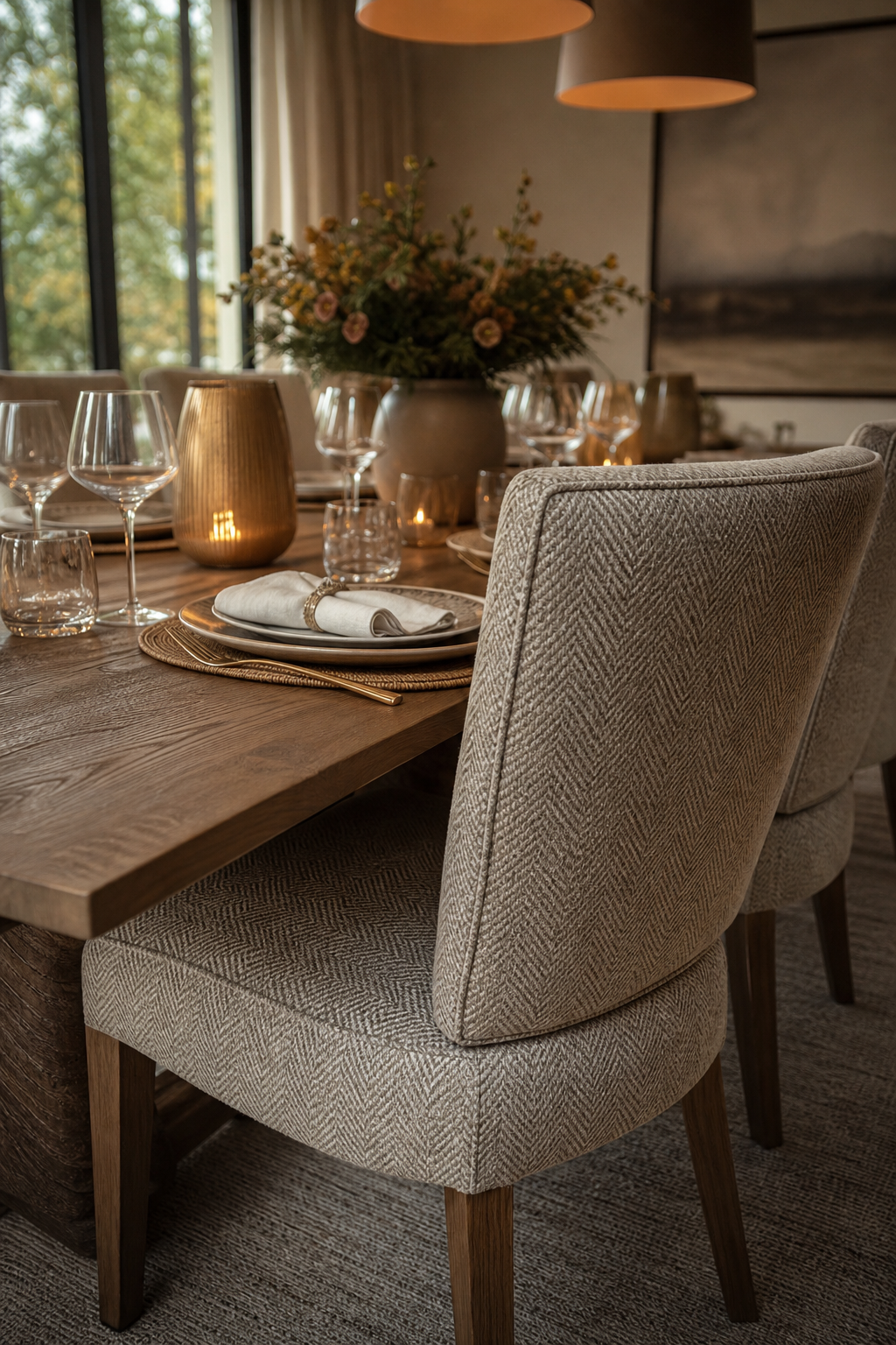 A finished dining room with upholstered dining chairs around a warm table.