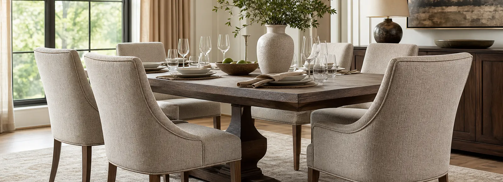 Refined dining room with upholstered dining chairs and visible fabric texture.