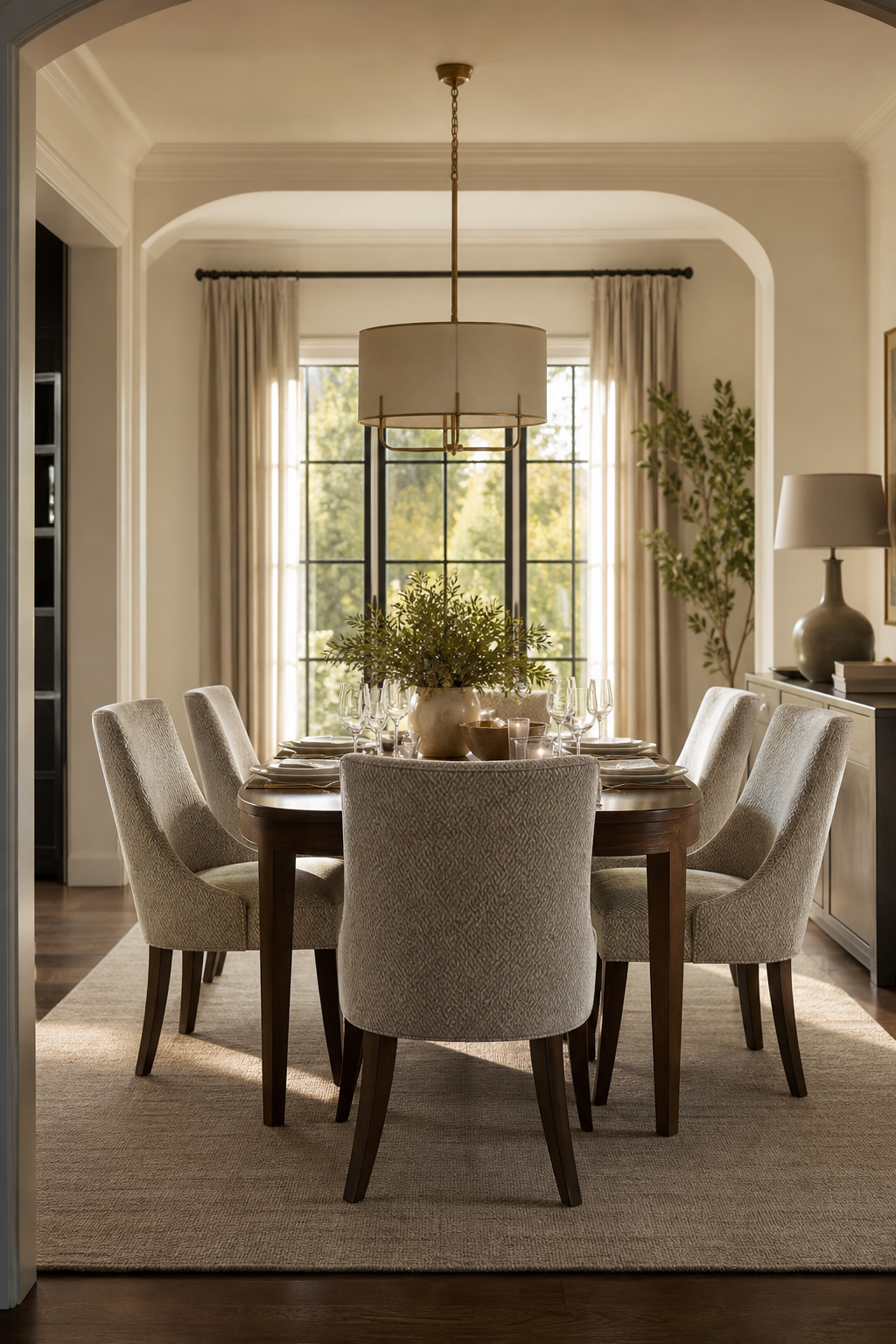 A finished dining room with a coordinated set of upholstered dining chairs.