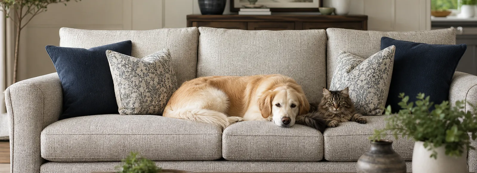 Dog and cat resting naturally together on a textured upholstered sofa in a finished living room.